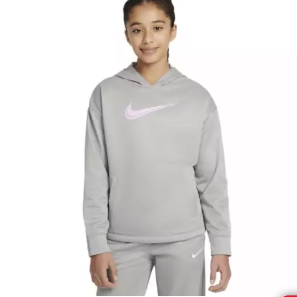 Nike Girls Hoodie Therma-Fit Medium M Gray Pink Thumb Hole New NWT